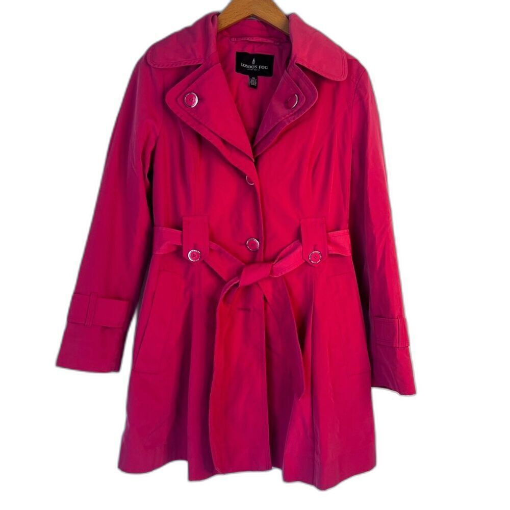 London‎ Fog Pink Short Belted Trench Coat Hooded Rain Jacket Windbreaker XS